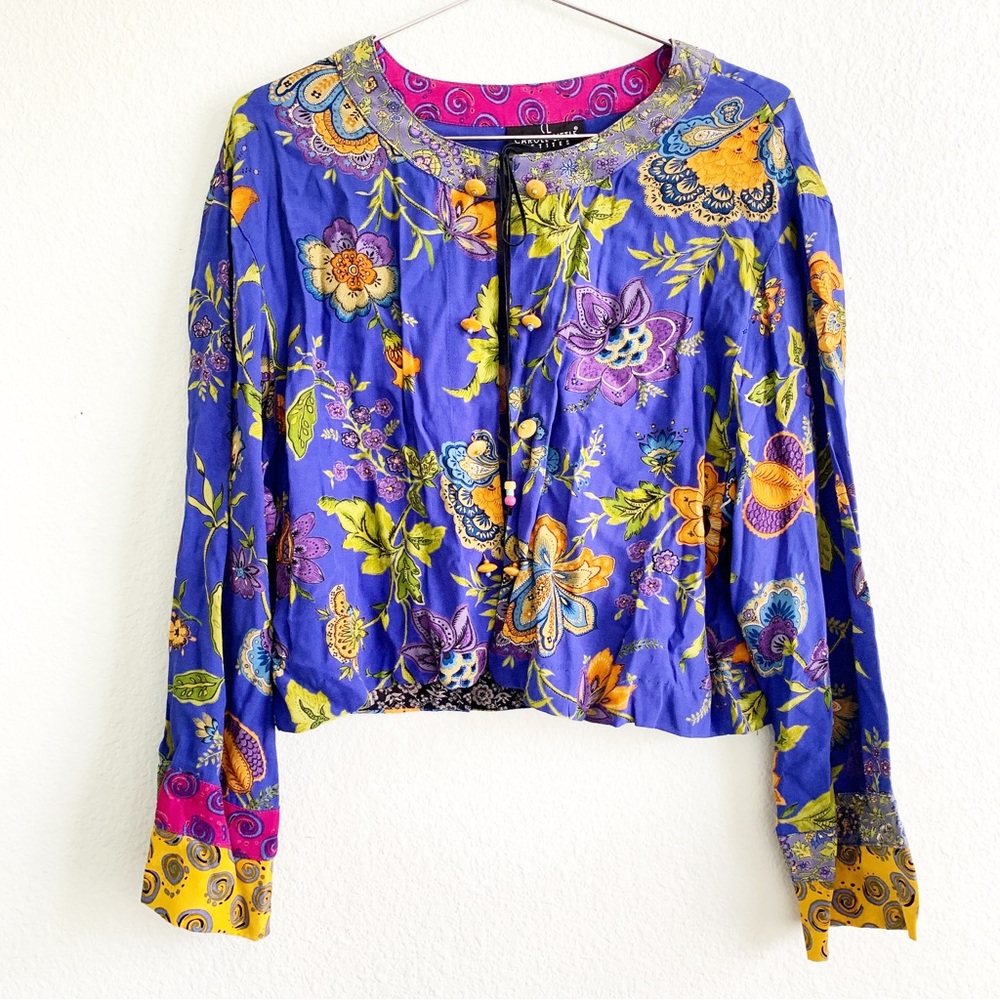CAROLE LITTLE Vintage folk boho floral print long sleeve top blouse open Large